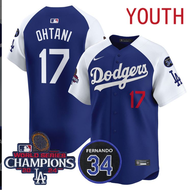 Youth MLB Los Angeles Dodgers 17 Ohtani blue 2024 World Series Champions Patch Limited Jersey